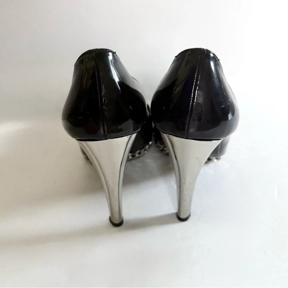 Stuart Weitzman Black Patent Leather Pumps Chain Link Platform Stiletto Heels